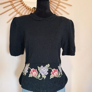 Susan Bristol Black Knit Top with Floral Detail